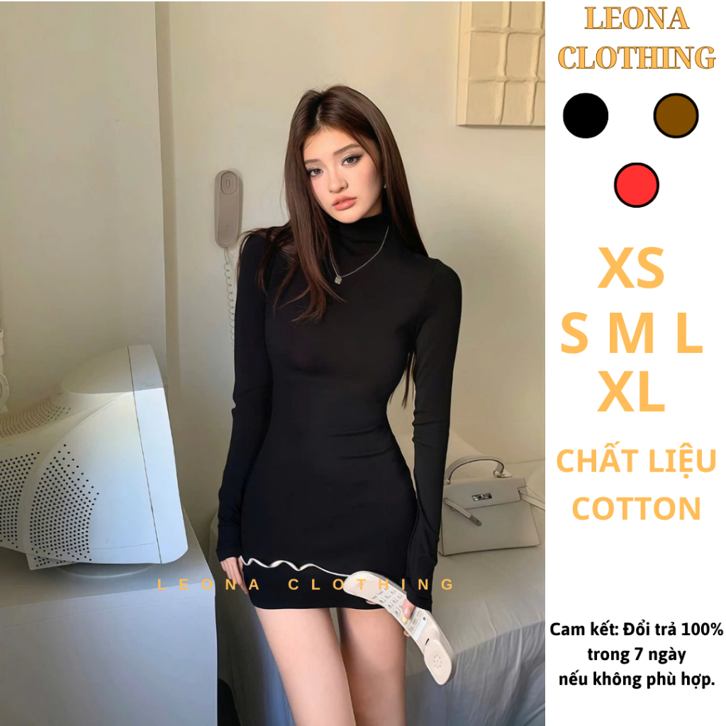 Đầm Cổ Lọ Tay Dài Chất Cotton,Ôm Body Co Giãn Mịn Mát - DM00012 - Leona Clothing