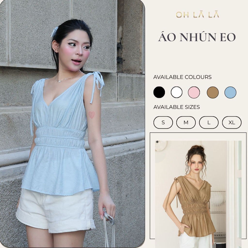 Áo Kiểu Nữ Nhún Eo Ohlala Dáng Peplum Màu Be – Áo Cổ V Phong Cách hàn Quốc