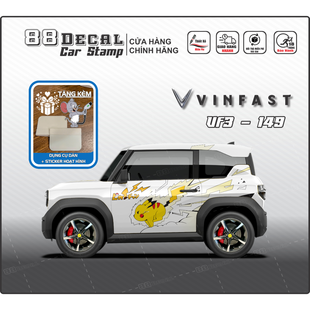 Tem dán xe VF3 - Decal cao cấp .Mẫu tem hoạt hình pikachu (đầy đủ màu).1 bộ gồm 2 mặt (Mẫu VF3-149)