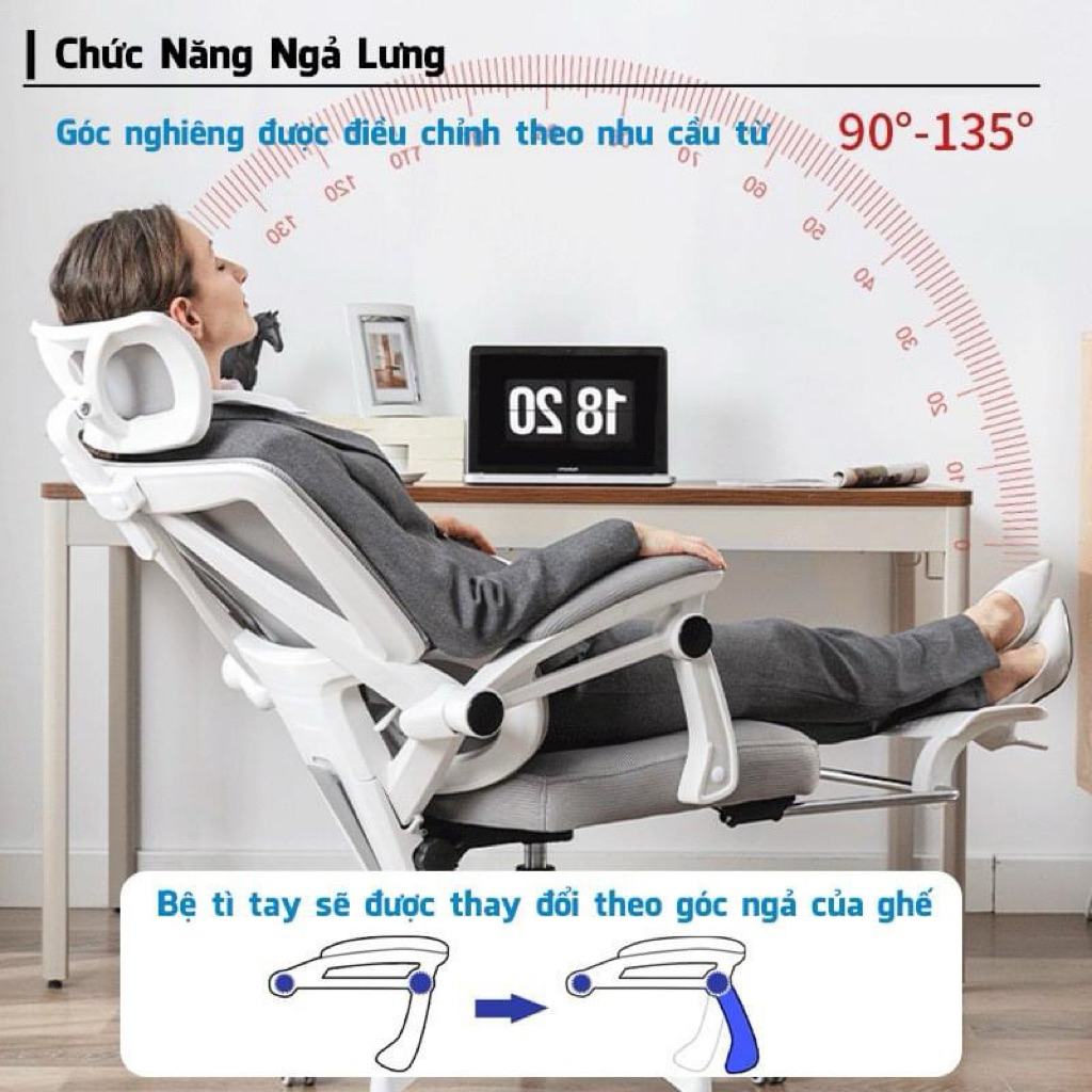 GHẾ CÔNG THÁI HỌC ERGONOMIC CAO CẤP LƯỚI THOÁNG KHÍ Chống Đau Lưng, Tựa Đầu & Tay Vịn Điều Chỉnh | BigBuy360 - bigbuy360.vn