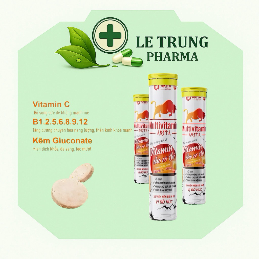[ CHÍNH HÃNG ] Viên sủi Multivitamin Akita vị bò húc tuýp 20 viên x 4g