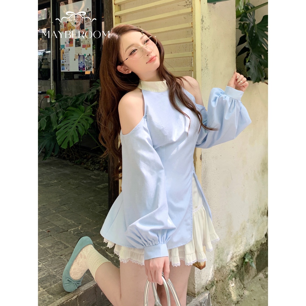 MAYBEROOM® Áo sơ mi dài tay khoét vai cách điệu tiểu thư Hàn Quốc MELLOW TOP | BigBuy360 - bigbuy360.vn