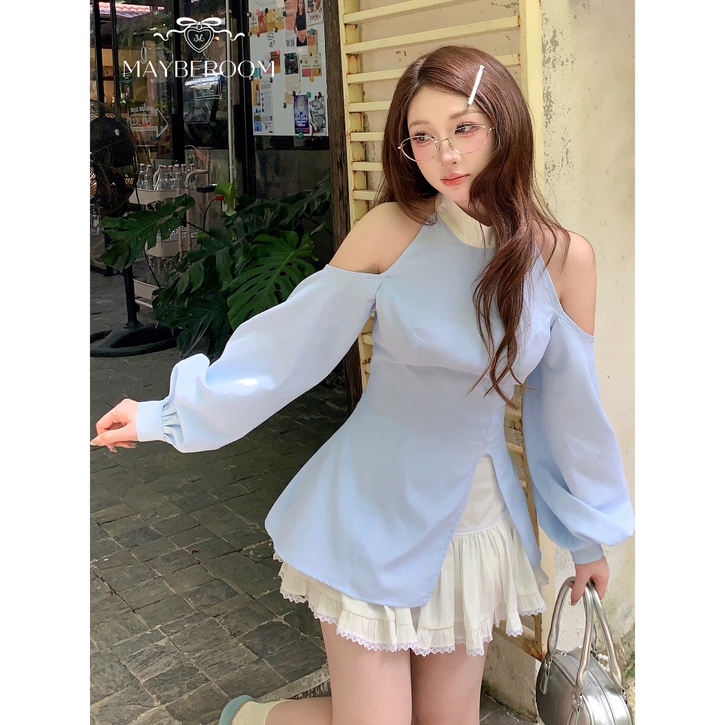 MAYBEROOM® Áo sơ mi dài tay khoét vai cách điệu tiểu thư Hàn Quốc MELLOW TOP | BigBuy360 - bigbuy360.vn