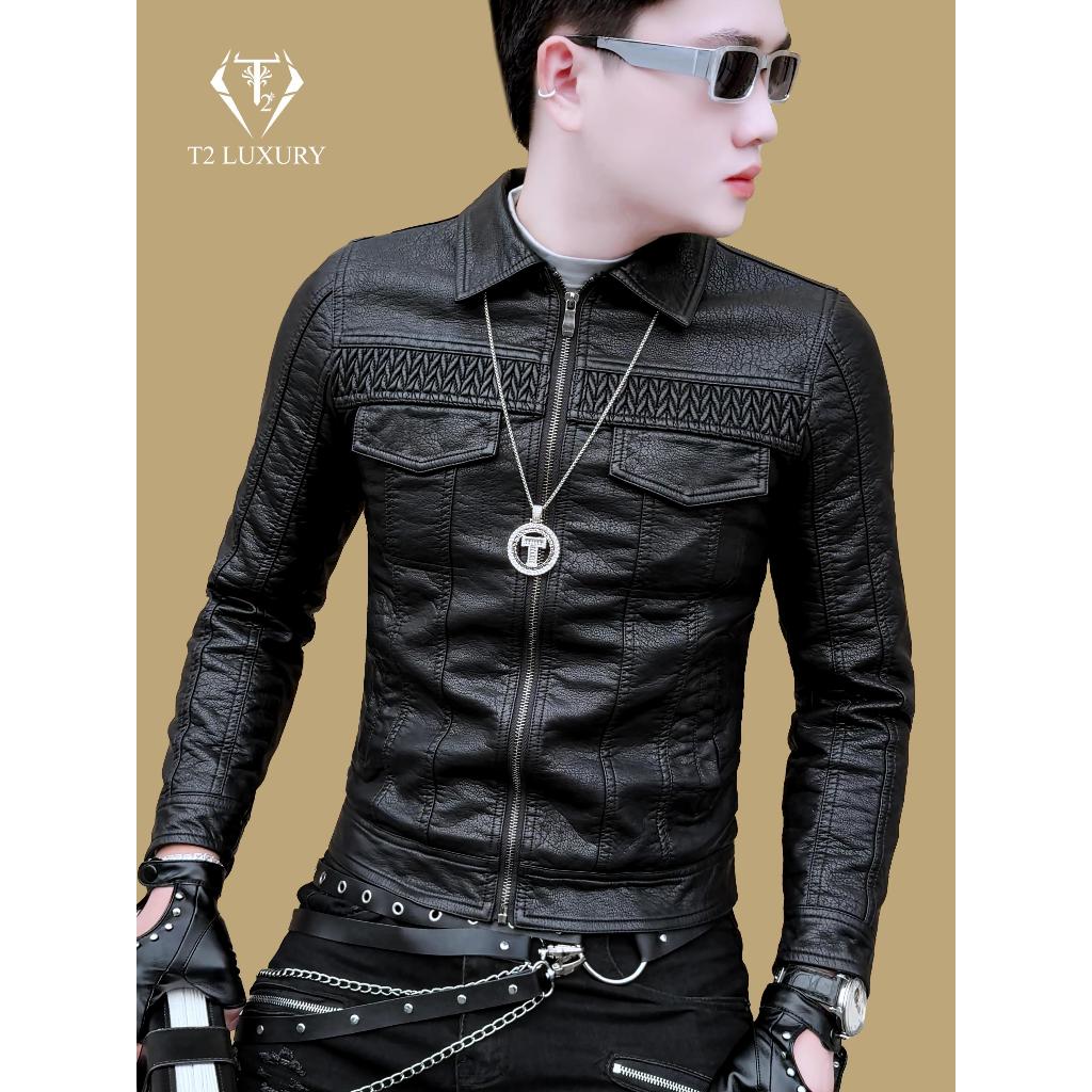 Áo da NAM áo khoác nam cổ bẻ hàng QUẢNG CHÂU thiết kế ngực phối da 3D phom áo ôm gọn da cao cấp