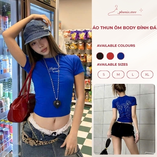 Áo thun ôm body cổ tròn dáng crop in chữ đính đá lấp lánh Phoenix.store