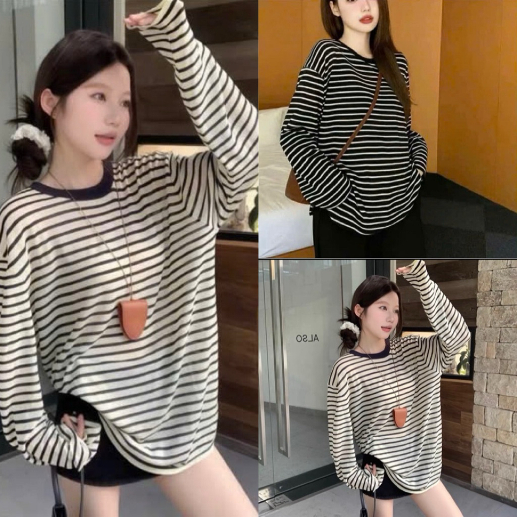 Áo Thun Nữ , Áo Thun Tay Dài Kẻ Sọc Ngang