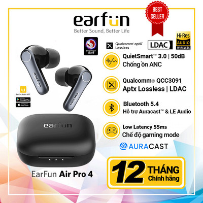 Tai Nghe Bluetooth Earfun Air Pro 4 Chống Ồn Ultra ANC 50db Hi-Res LDAC Aptx Lossless Pin 52H