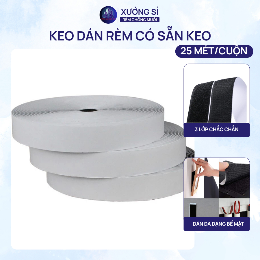(1 cuộn 25m) Cuộn băng gai dán rèm có keo phía sau, băng Velcro dán xé rộng 2cm windowblinds