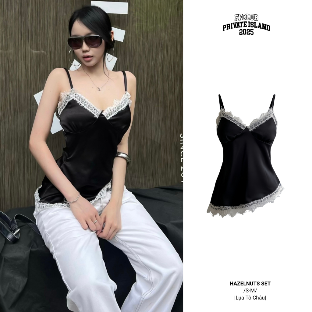 SET ÁO LỤA PHỐI REN HAZELNUTS & CHÂN VÁY LỤA 2 LỚP CARAMEL FFCLUB MIX