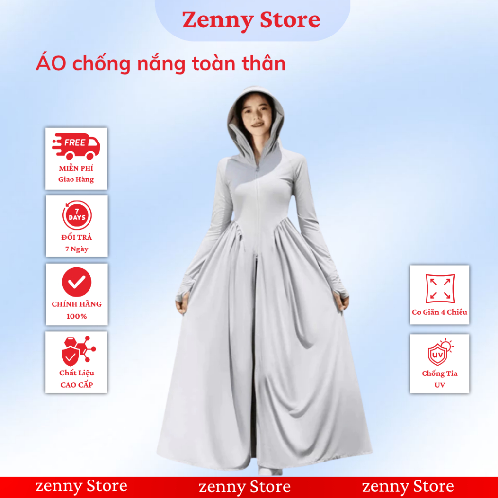 Áo chống nắng toàn thân nữ ZENNY 2 lớp chống tia UV >98% có chiết eo tôn dáng áo váy chống nắng 