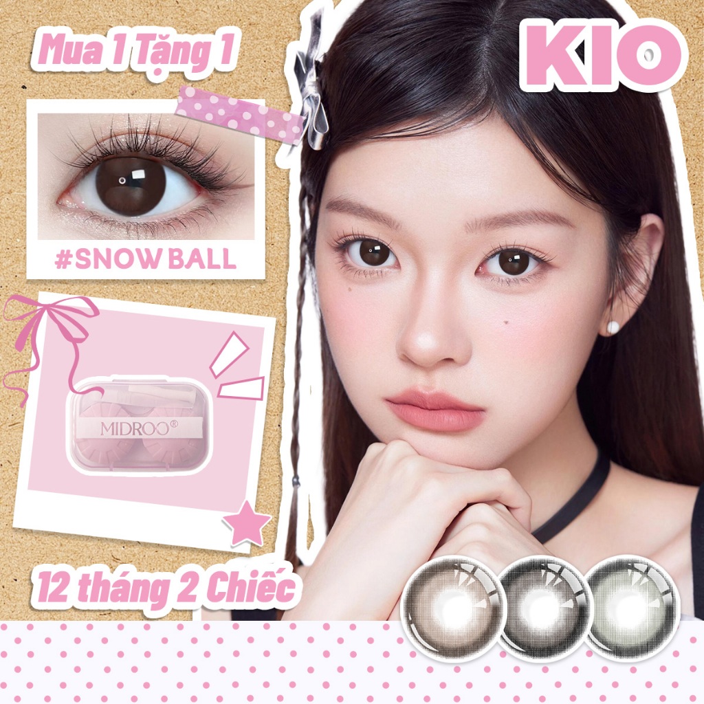 Kính áp tròng Midroo Lens mắt Snow Ball lens 12 tháng nâu đen xám DIA 14.5mm 1 Cặp
