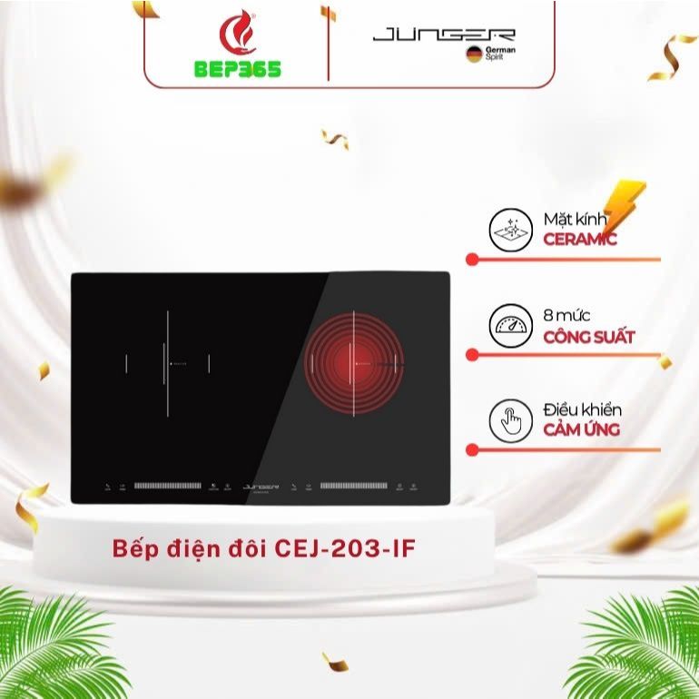 BẾP ĐIỆN ĐÔI JUNGER CEJ-203-IF – Nấu Nhanh Tiết Kiệm, Tặng Bộ nồi inox 5 chi tiết Junger CWJ-050