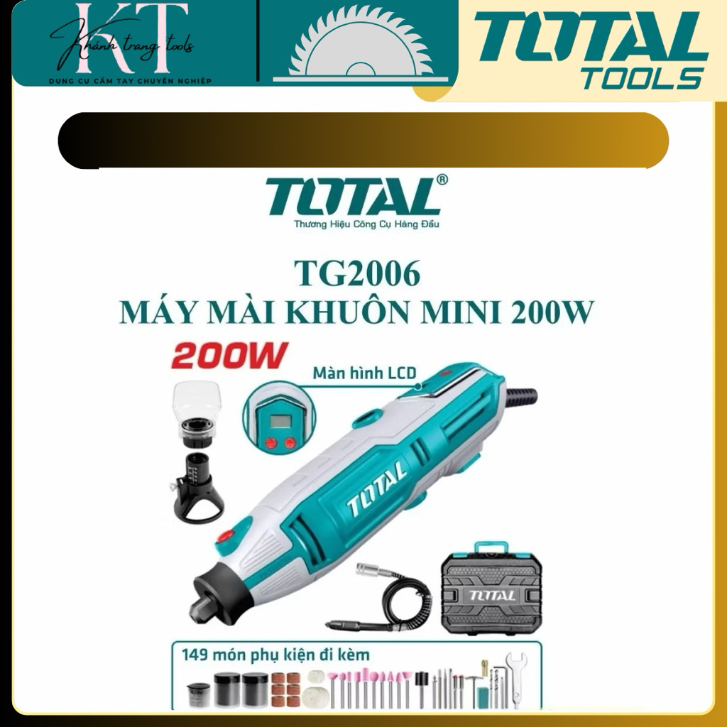 Máy mài khuôn mini TOTAL TG2006 200W có màn hình LCD, tốc độ 10000–40000rpm, kèm 149 phụ kiện và trụ