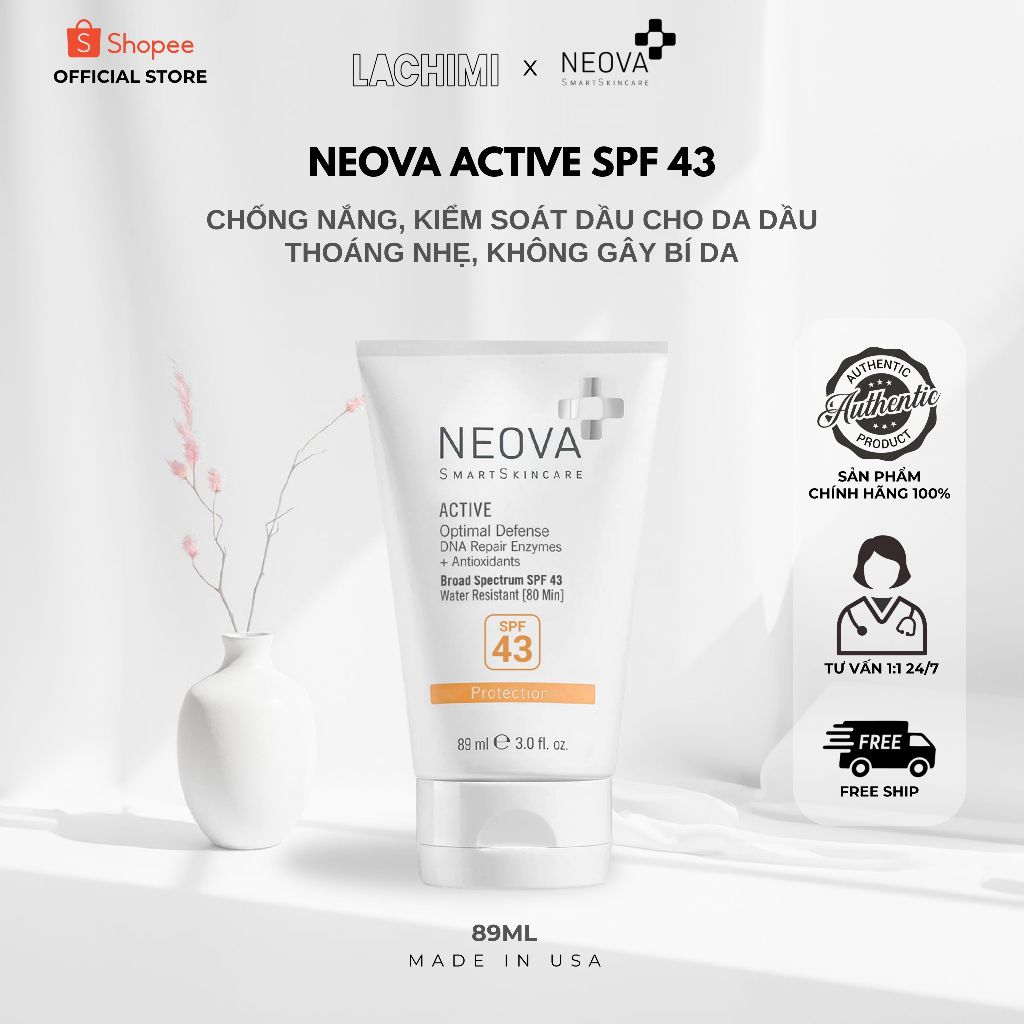Kem chống nắng Neova 43 lai vật lý, KCN phổ rộng Neova Active SPF43 cho da nhạy cảm Lachimi 89ML
