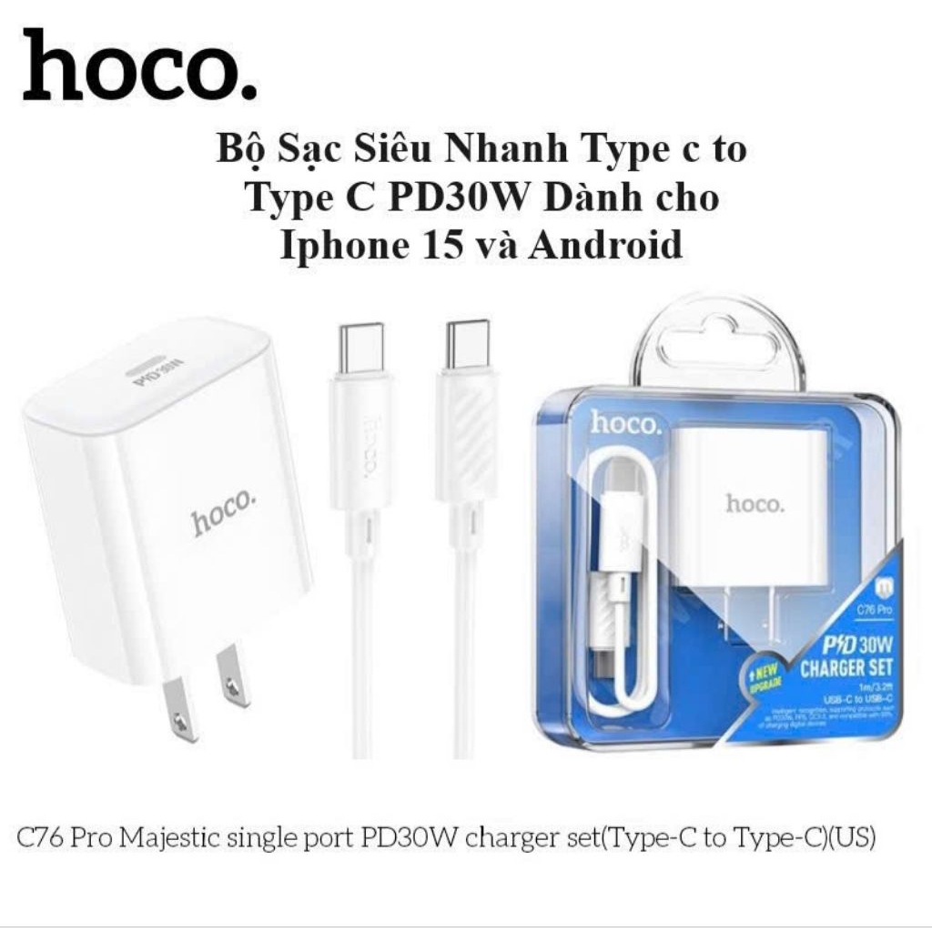 Bộ sạc nhanh 30W Hoco C76 Pro type-c to type-c. bao gồm 1 củ + 1 cáp