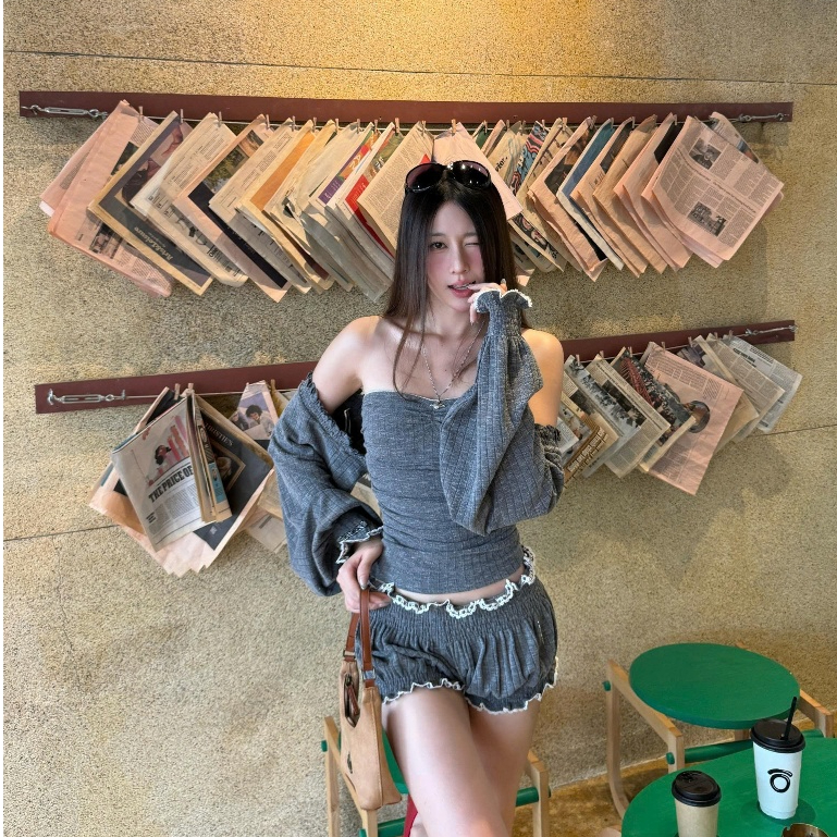 TSUN - Fiona Set Quần Áo Len Gân Nữ Body Xám Gợi Cảm Cá Tính | BigBuy360 - bigbuy360.vn