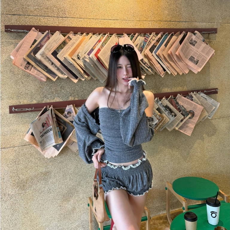 TSUN - Fiona Top Áo Ống Khoác Lửng Thun Len Gân Xám Body Gợi Cảm Cá Tính | BigBuy360 - bigbuy360.vn