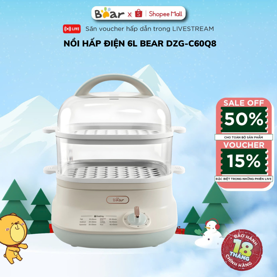 Nồi hấp điện 2 tầng Bear EFS-4H60V (DZG-C60Q8),6L, 500W, Chịu nhiệt,Hẹn giờ hấp 60 phút, BH 18 Tháng