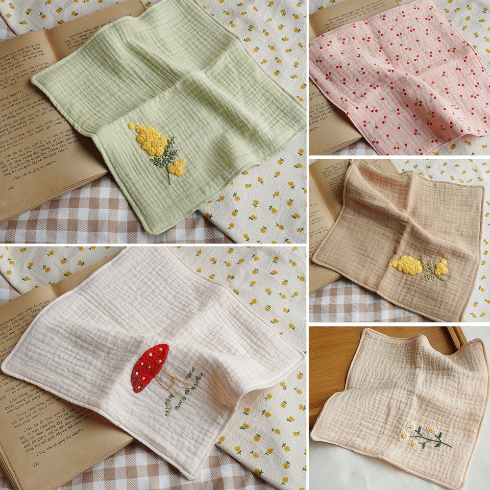 [Nhận thêu theo yêu cầu] Khăn tay vải xô muslin 2 lớp handmade thêu tay nhiều mẫu làm quà tặng