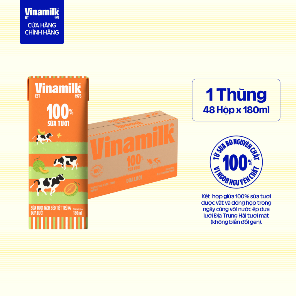 [Sản phẩm mới] Thùng 48 Hộp Sữa Tươi Tiệt Trùng Tách béo Dưa lưới 180ml