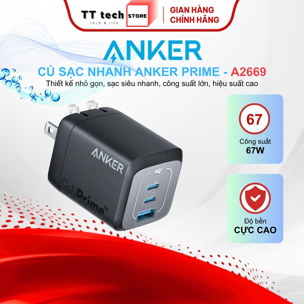 Củ Sạc Nhanh Anker Prime A2669 67W GaN 3 Cổng Sạc 2C1A Nobox
