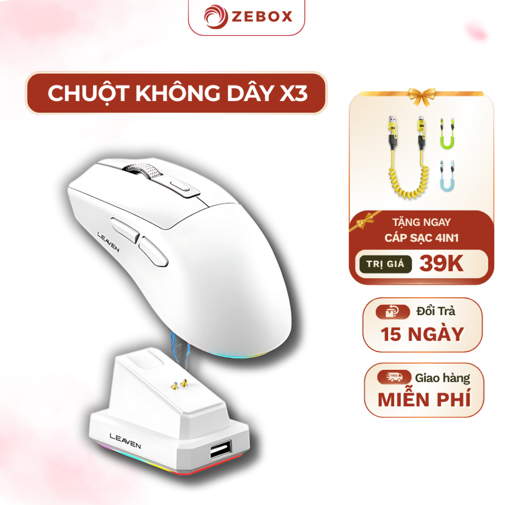 Chuột Gaming Không Dây LEAVEN X3 Chip Pro Đèn Led RGB, Chuột Không Dây Tích Hợp Dock Sạc, 3 Mức DPI