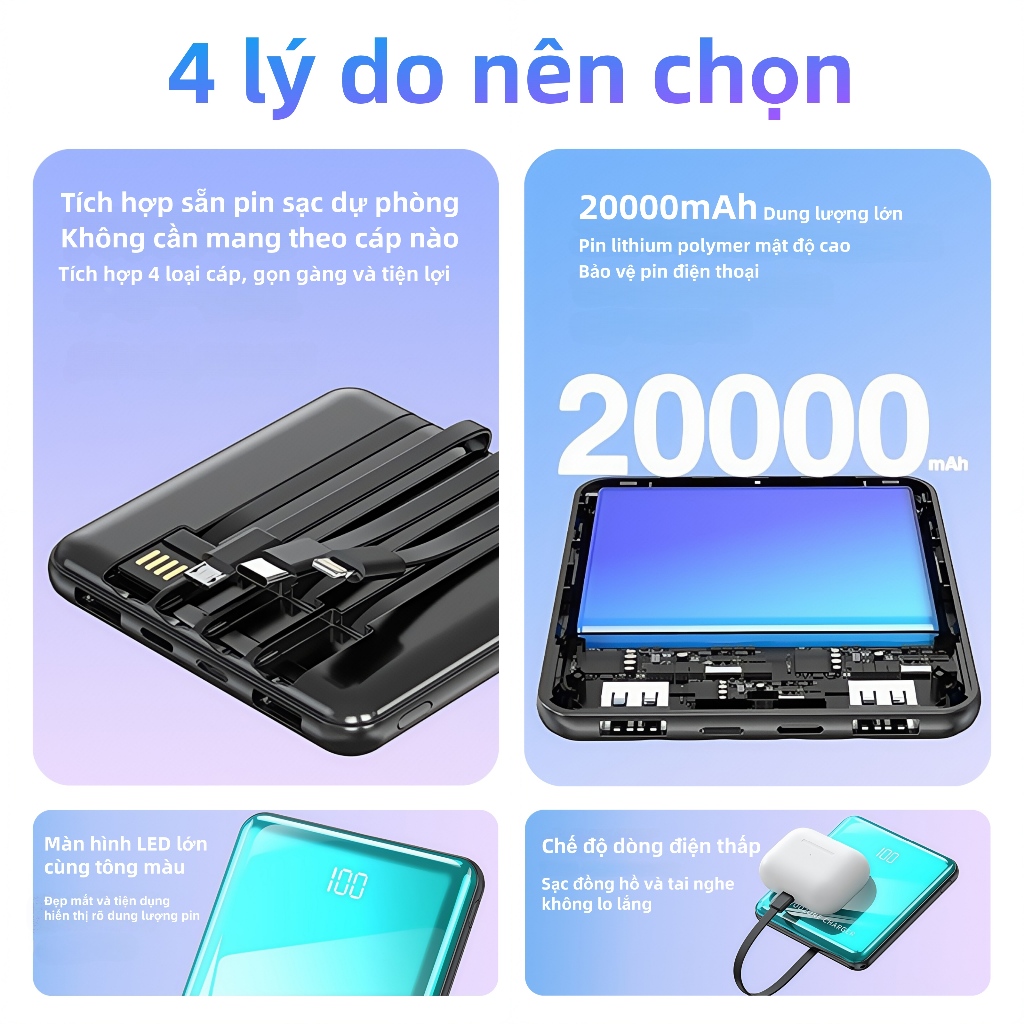 【Giao hàng toàn quốc】PIn 20000mAh Có sẵn dây, hỗ trợ sạc nhiều thiết bị sạc | BigBuy360 - bigbuy360.vn