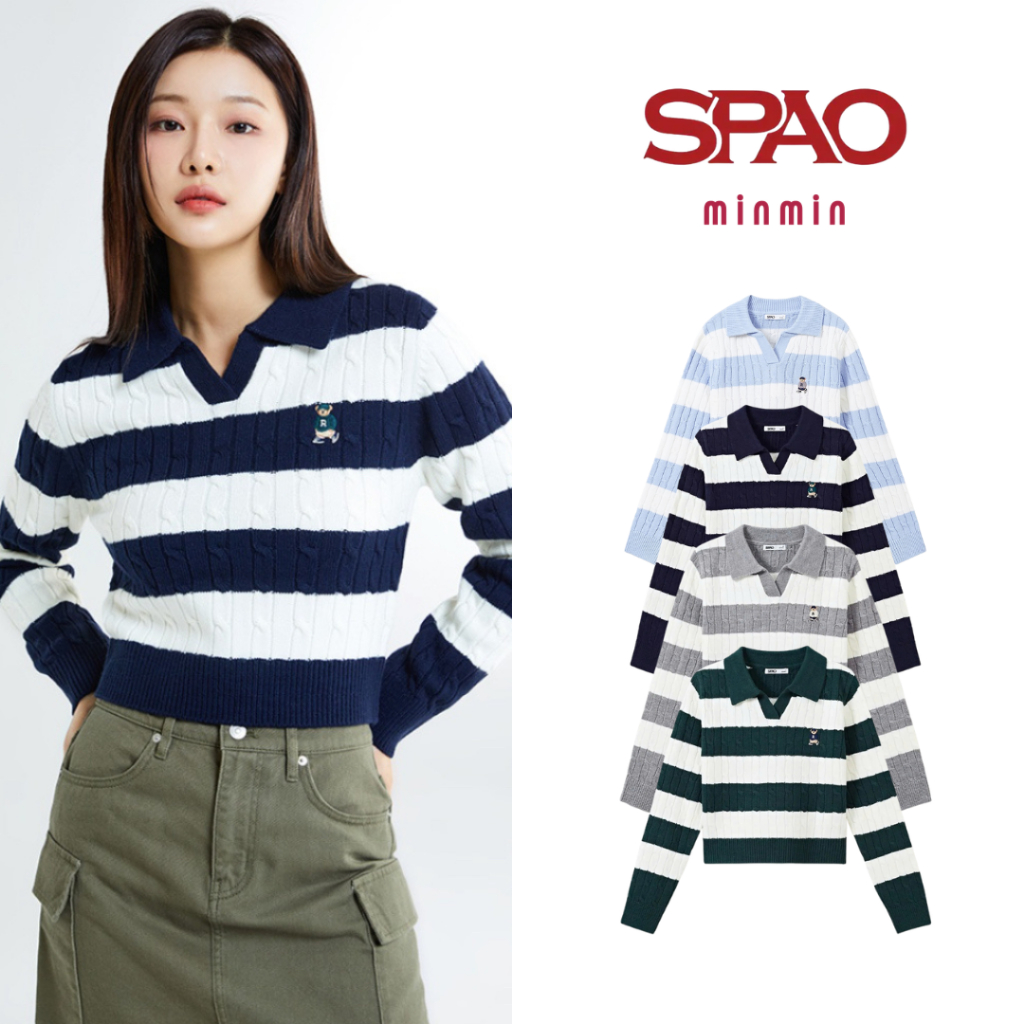 [AUTHENTIC 100%] Spao Korea áo len nữ dài tay thêu gấu woodie phối cổ đức kẻ ngang chất len chính hã