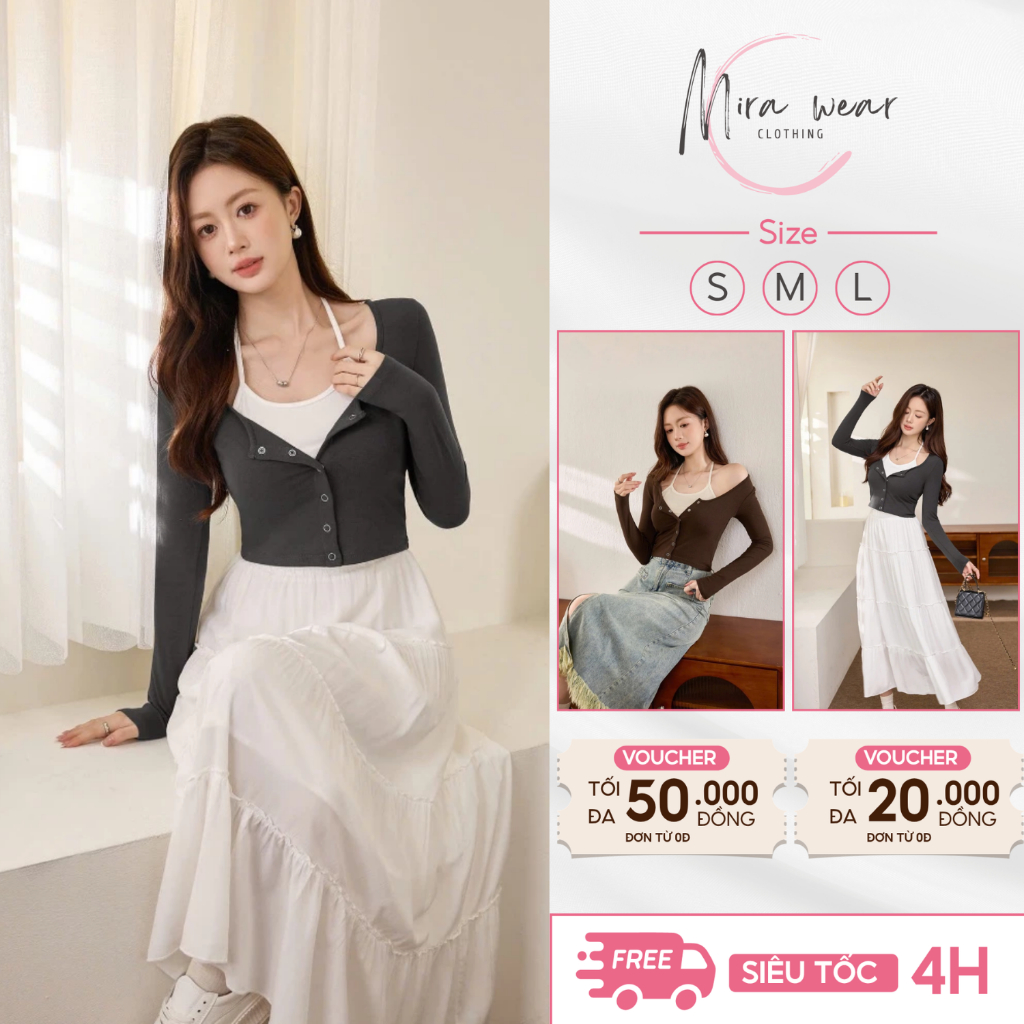 Áo thun nữ hai mảnh dài tay, áo body nữ vải mềm mại co giãn thiết kế cổ mới lạ phong cách Hàn Quốc b09