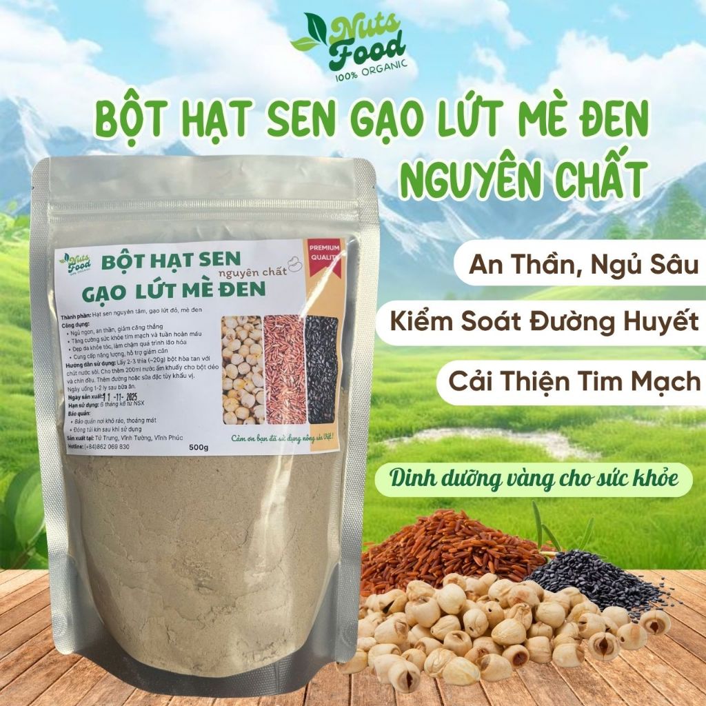 Bột hạt sen gạo lứt mè đen nguyên chất Nuts Food 500g - An thần, bổ máu, lợi sữa, đẹp da khỏe tóc