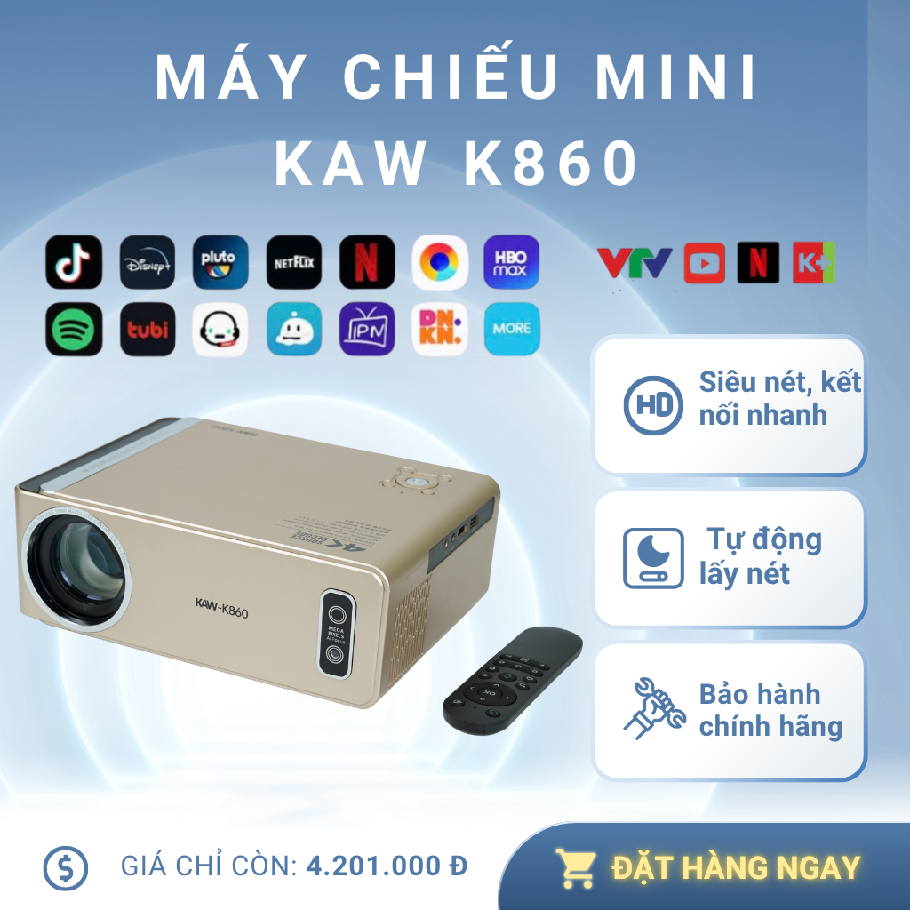Máy Chiếu Mini KAW K860 – Full HD 1080P, Kết Nối Điện Thoại , WiFi, Hỗ Trợ HDMI - Bảo Hành 12 Tháng
