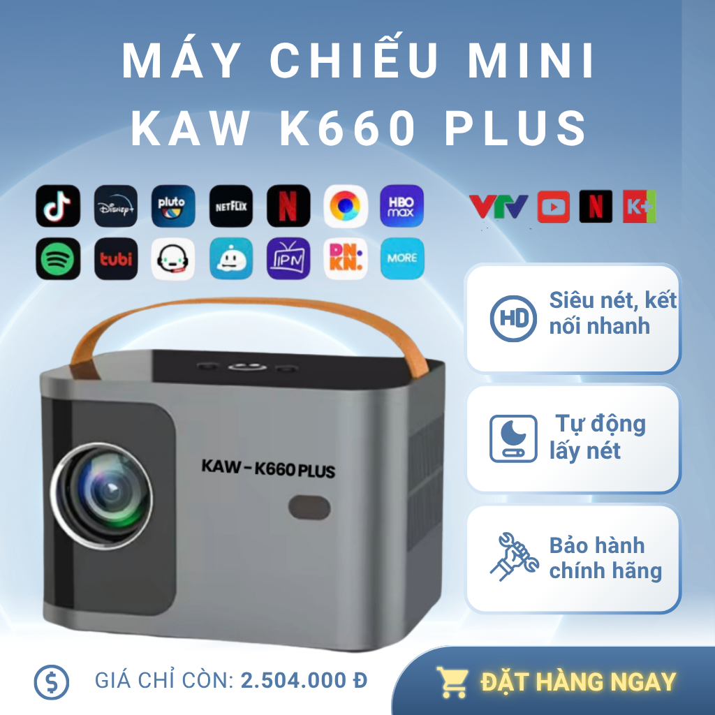 Máy Chiếu KAW K660 Plus Có Quai Xách Siêu Nét Hỗ Trợ 4K, Độ Sáng Cao - Bảo hành 12 tháng