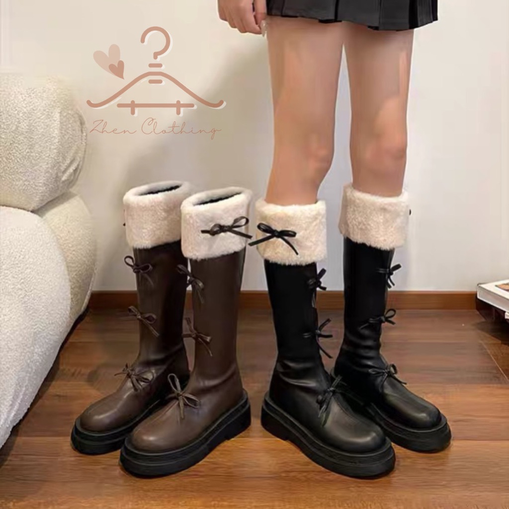 [5cm] Boost nữ cao cổ da bóng thiết kế cổ lông và đính nơ baby siêu tiểu thư, nữ tính