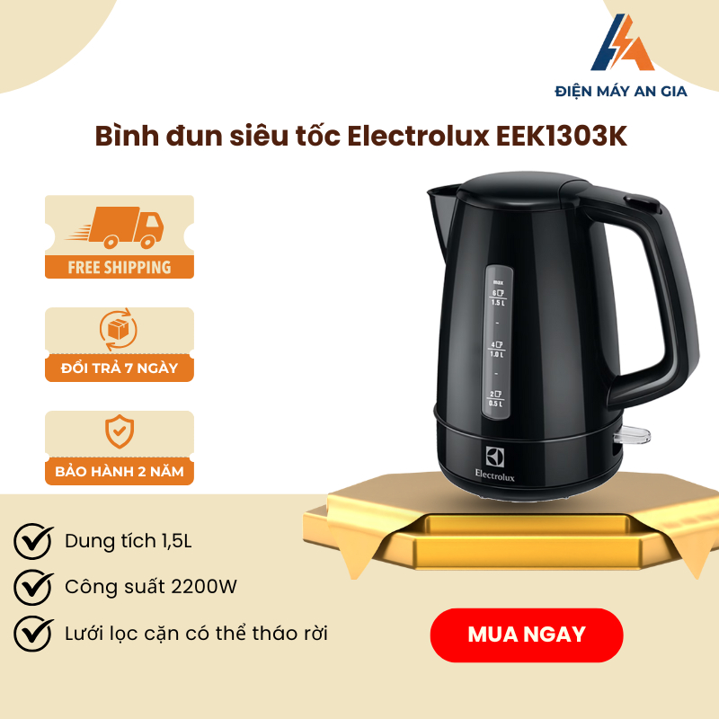Bình Đun Siêu Tốc Electrolux EEK1303K 1.5L – Công Suất 2200W – Ruột Nhựa PP Cao Cấp - PEB