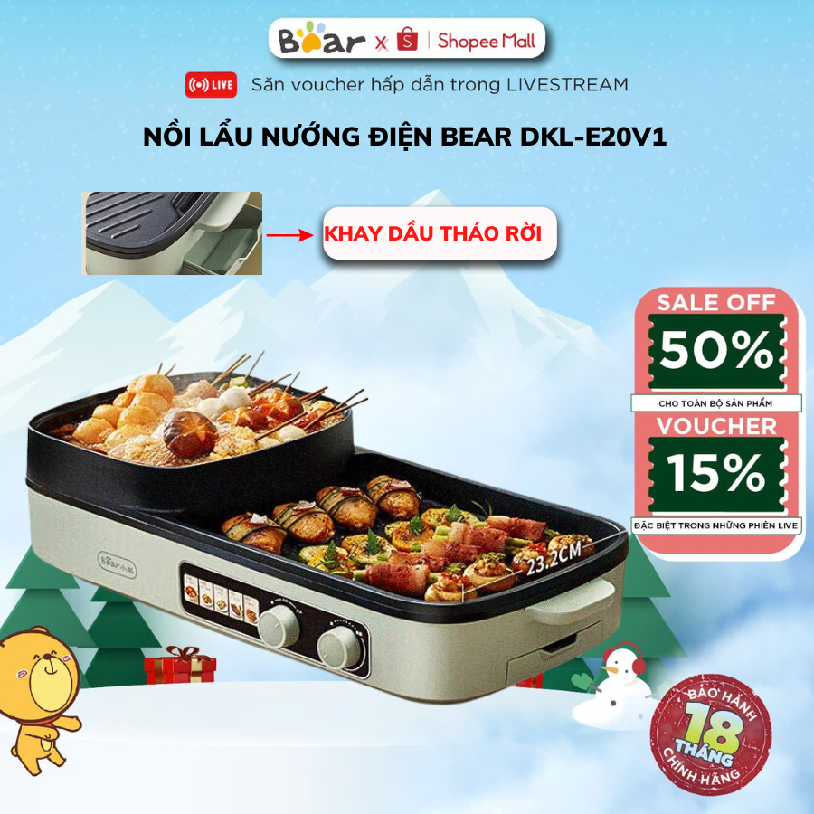 Nồi lẩu nướng điện BEAR DKL-E20V1, Đa năng chiên xào hầm soup, 2000W, dung tích lớn, BH 18 tháng