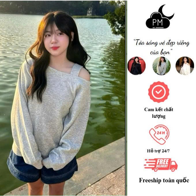 Áo Nỉ Lệch Vai Nữ, Áo Nỉ Hai Da Sweater Trễ Vai Nữ Basic Trẻ Trung Phong Cách Hàn- AO1