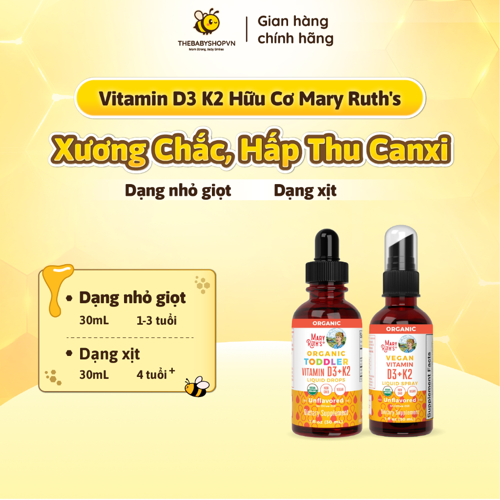 Vitamin Mary Ruth's D3K2 -D3  Hữu Cơ  dạng Xịt / dạng Giọt cho bé