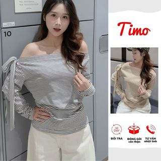  Áo kiểu trễ vai tay dài chất kẻ lông co giãn mặc thoáng mát phong cách basic Hàn Quốc  kèm quà tặng  AOT078 