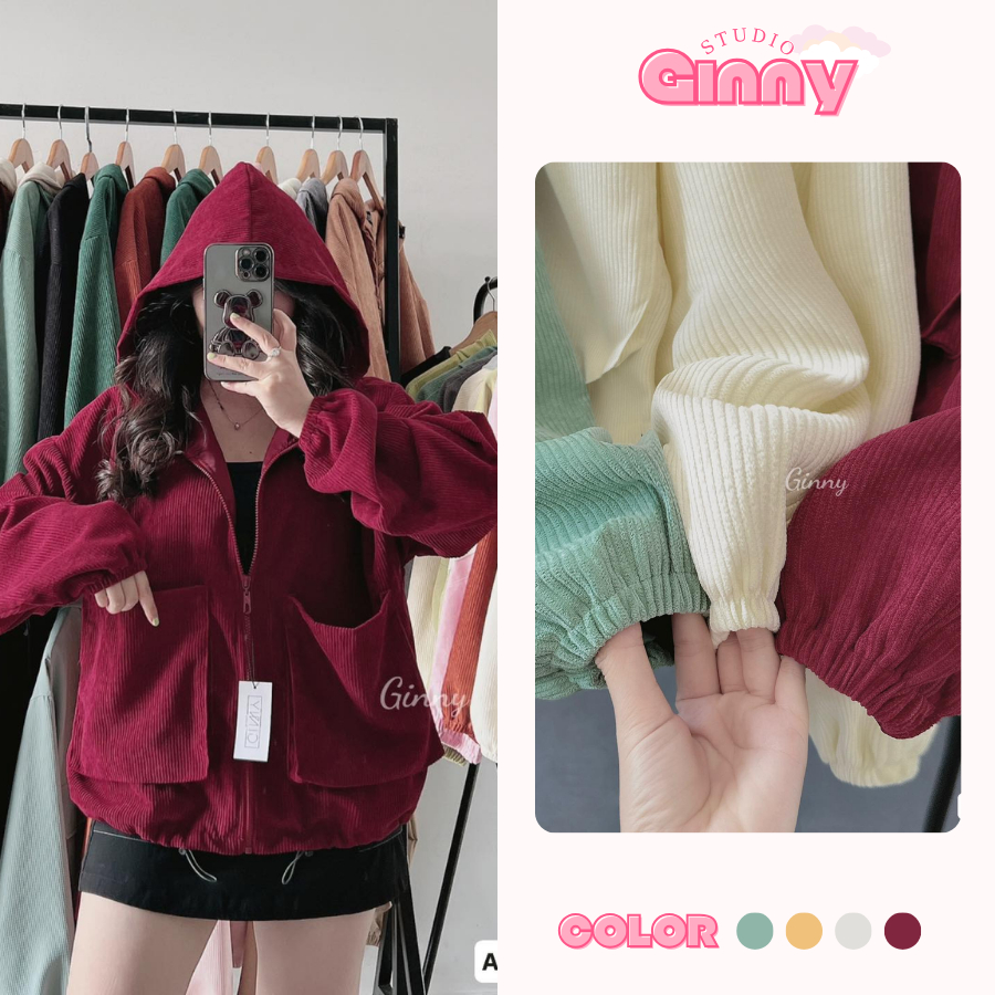 GINNY Áo Khoác Nhung Túi Hộp Thời Trang TL03 Chất Vải Dày Dặn Chống Nắng Tốt