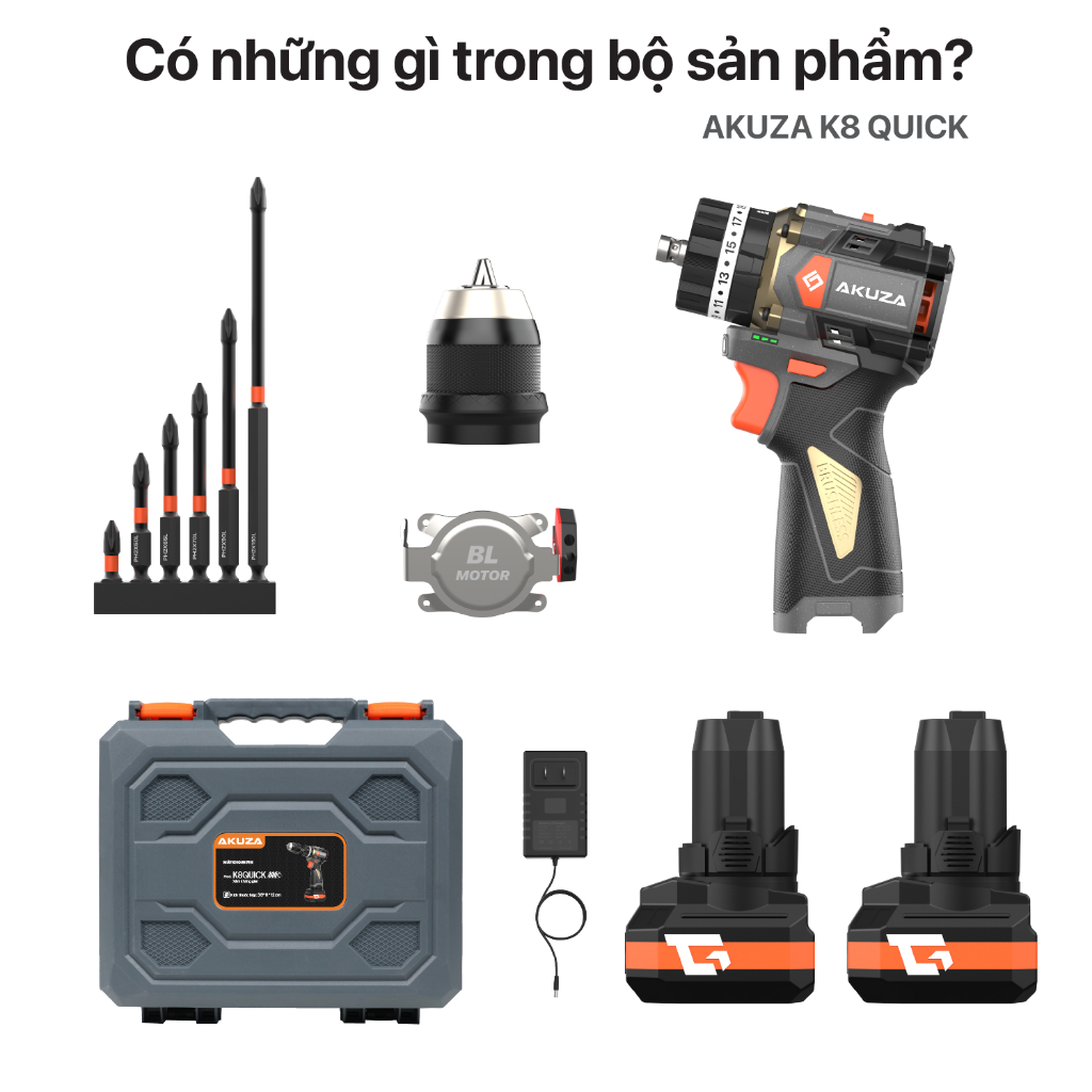 {Bản Nâng Cấp} Khoan AKUZA K8 QUICK PRO Có Búa- Khoan Không Chổi Than Đầu Kẹp Autolook 10mm