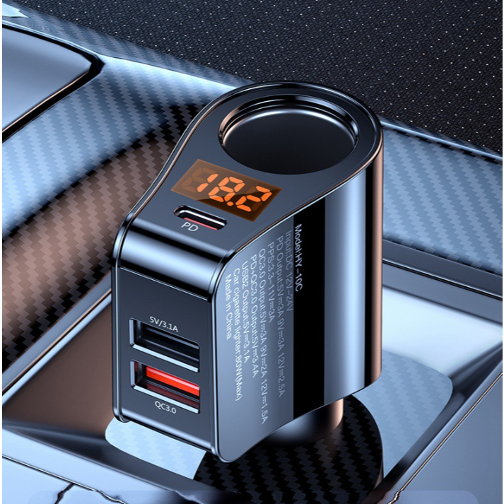 Tẩu Sạc Ô Tô Đa Năng 2 Cổng USB + Type-C PD 18W, Chia 2 Lỗ Tẩu Thuốc, Màn Hình Hiển Thị Điện Áp | Sạc Nhanh QC3.0