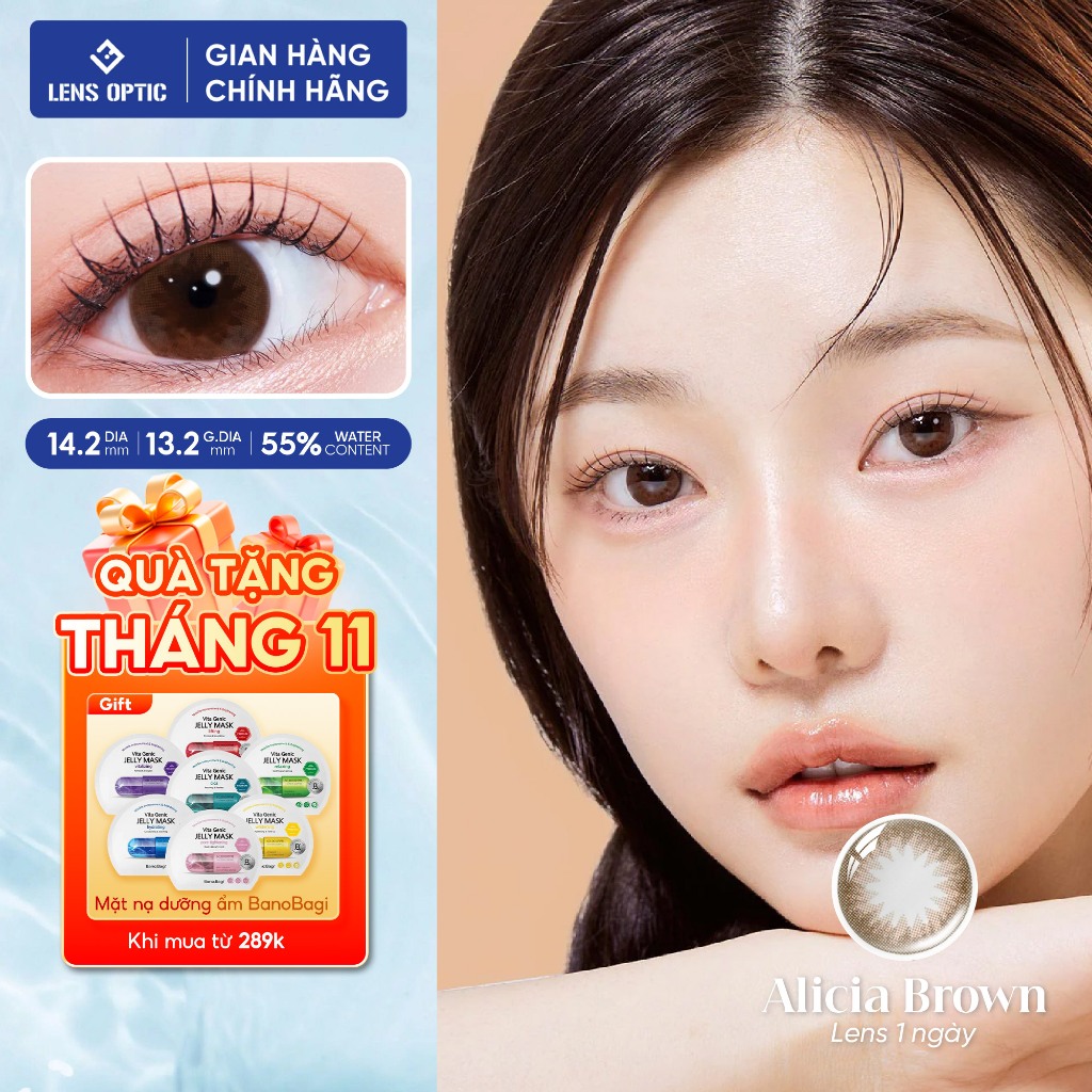 Lens cận 1 ngày Clalen Iris Alicia Brown kính áp tròng màu nâu lá phong Lens Optic