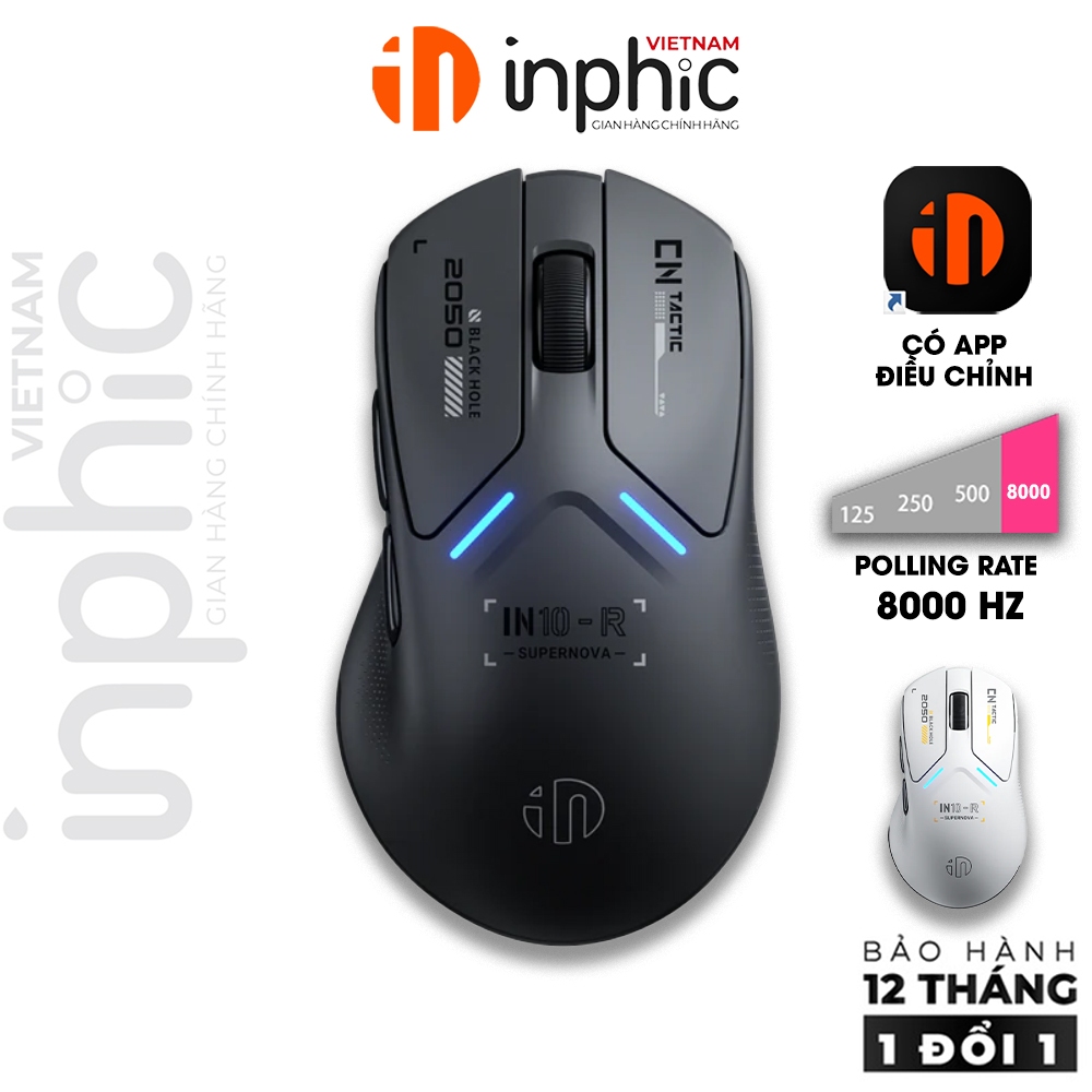Chuột không dây bluetooth INPHIC IN10R gaming 8000hz 3 mode có app led nhẹ PAW3395 cho game thủ
