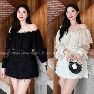 Set áo tơ trẽ vai đính dá phối chân váy dạ lông dáng A_LM033