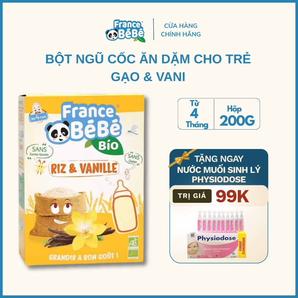 Bột ngũ cốc ăn dặm hữu cơ France Bebe Bio cho trẻ từ 4 tháng tuổi gạo, vani 200g