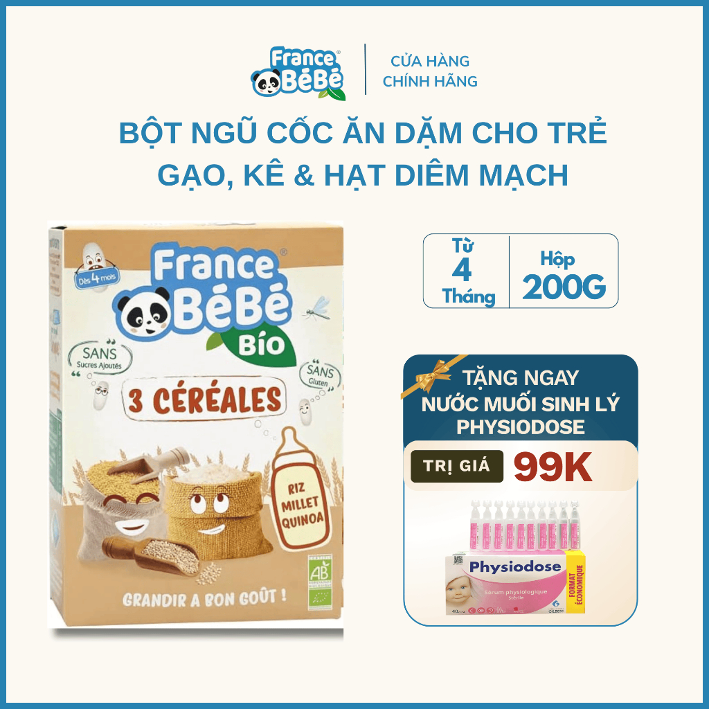 Bột ngũ cốc ăn dặm hữu cơ France Bebe Bio cho trẻ từ 4 tháng tuổi gạo, kê & hạt diêm mạch 200g