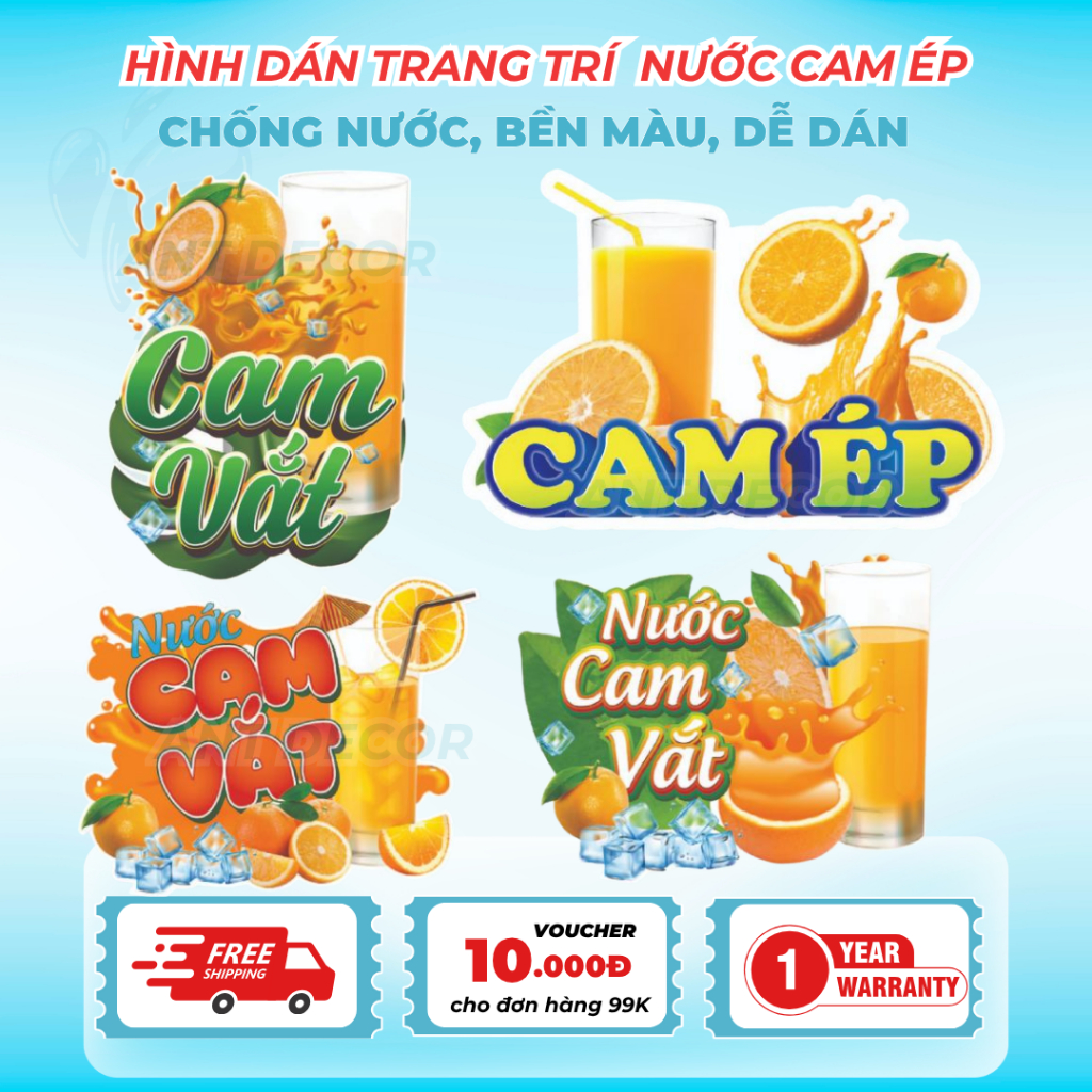 Decal Dán Nước Cam Vắt – Nhãn Dán Trang Trí Xe Nước Cam, Ly Nước Ép – Bền Đẹp, Chống Nước, Dễ Dán