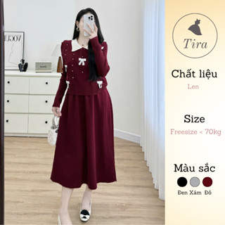  Váy bầu công sở TIRA MAMA M372 Set váy len dài tay Set váy bầu thu đông cổ polo kèm áo gile đính nơ 
