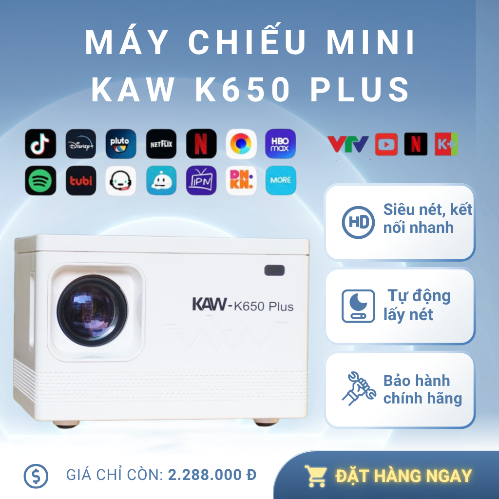 Máy chiếu mini KAW K650 Plus full HD1080P – Giải Trí Mọi Lúc Mọi Nơi, Màn Hình Lớn 150 inch