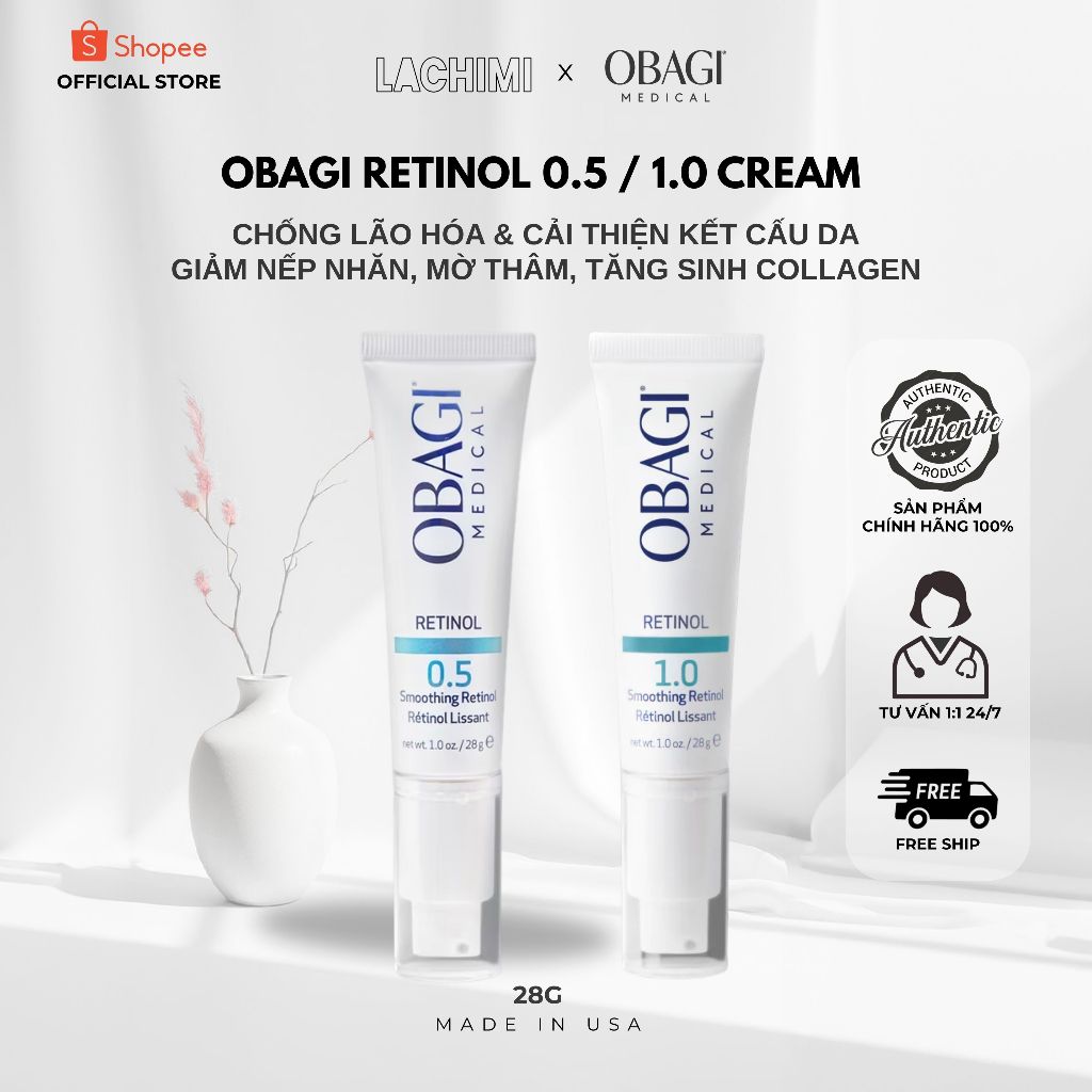  Retinol Obagi 0.5 & 1.0% trẻ hóa da giảm nếp nhăn đều màu da ngừa mụn chống lão hóa Lachimi 28G 